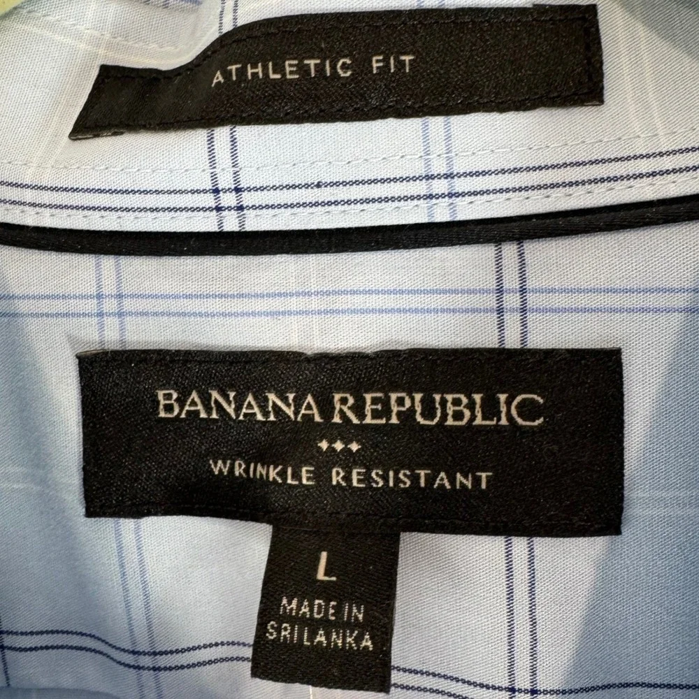 Banana Republic NEW Mens Athletic Fit Dress Shirt L Blue Plaid Wrinkle Resistant
